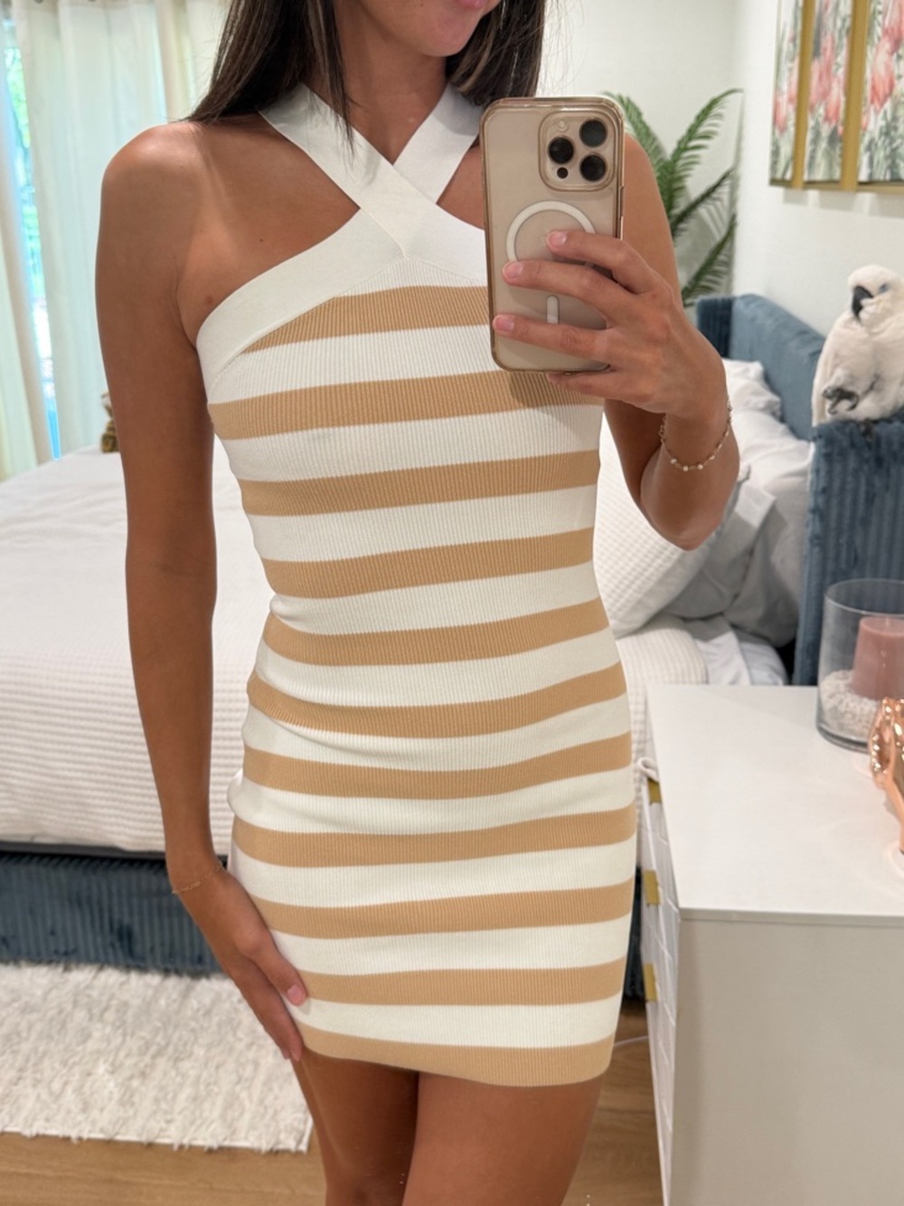 Aritzia Beige and White Striped Halter Bodycon Mini Dress